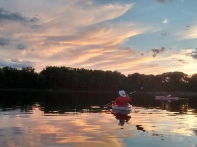 Sunset on river, kayak